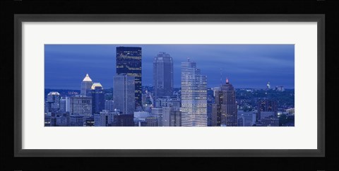 Framed High angle view of skyscrapers lit up at dusk, Pittsburgh, Pennsylvania, USA Print