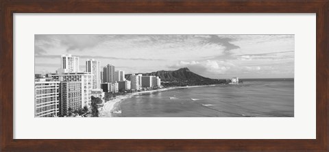 Framed Diamond Head, Waikiki, Oahu, Honolulu, Hawaii (black &amp; white) Print