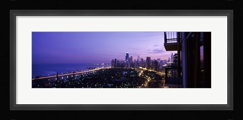 Framed High angle view of a city at night, Lake Michigan, Chicago, Cook County, Illinois, USA Print