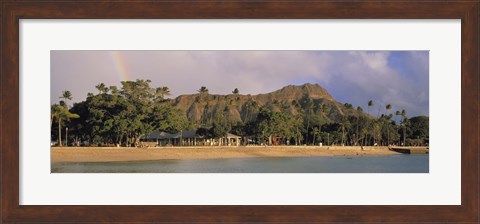 Framed USA, Hawaii, Oahu, Honolulu, Diamond Head St Park, View of a rainbow over a beach resort Print