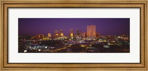 Framed High angle view of skyscrapers lit up at night, Dallas, Texas, USA Print