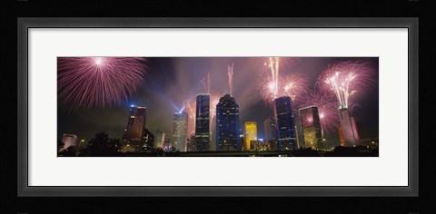 Framed Fireworks Over Buildings In Houston, Texas Print