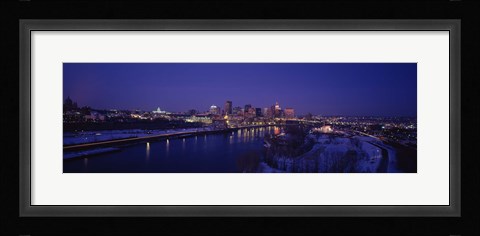 Framed Reflection of buildings in a river at night, Mississippi River, Minneapolis and St Paul, Minnesota, USA Print