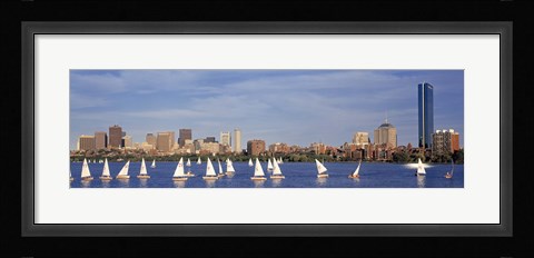 Framed View of boats on a river by a city, Charles River,  Boston Print