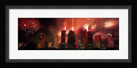 Framed Fireworks over buildings in a city, Houston, Texas Print
