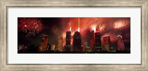 Framed Fireworks over buildings in a city, Houston, Texas Print