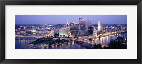Framed Buildings in a city lit up at dusk, Pittsburgh, Allegheny County, Pennsylvania, USA Print