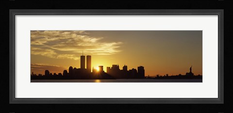Framed Manhattan skyline and a statue at sunrise, Statue Of Liberty, New York City, New York State, USA Print