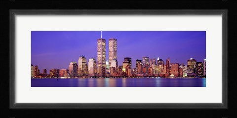 Framed Buildings at the waterfront lit up at dusk, World Trade Center, Wall Street, Manhattan, New York City, New York State, USA Print