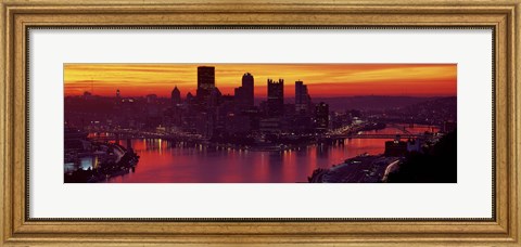 Framed Silhouette of buildings at dawn, Three Rivers Stadium, Pittsburgh, Allegheny County, Pennsylvania, USA Print