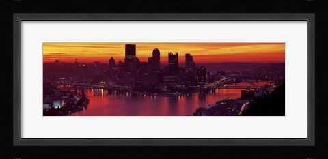 Framed Silhouette of buildings at dawn, Three Rivers Stadium, Pittsburgh, Allegheny County, Pennsylvania, USA Print