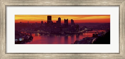 Framed Silhouette of buildings at dawn, Three Rivers Stadium, Pittsburgh, Allegheny County, Pennsylvania, USA Print