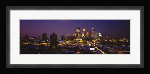 Framed Skyscrapers lit up at dusk, Minneapolis, Minnesota, USA Print