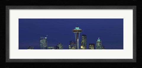 Framed Buildings in a city lit up at night, Space Needle, Seattle, King County, Washington State, USA Print