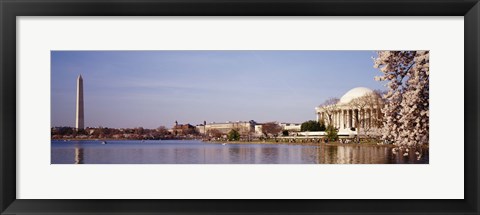 Framed USA, Washington DC, Washington Monument and Jefferson Memorial, Tourists outside the memorial Print