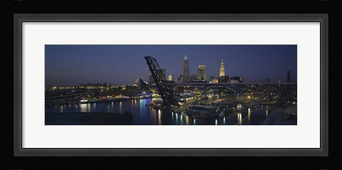 Framed Skyscrapers lit up at night in a city, Cleveland, Ohio, USA Print
