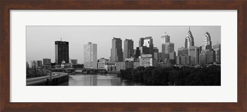 Framed River passing through a city in black and white, Philadelphia, Pennsylvania Print