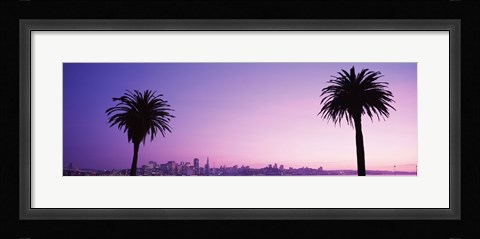 Framed San Francisco skyline between 2 palm trees, California Print