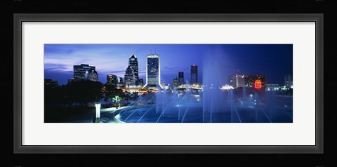 Framed Fountain, Cityscape, Night, Jacksonville, Florida, USA Print