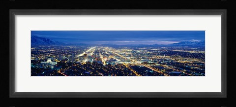 Framed Aerial view of a city lit up at dusk, Salt Lake City, Utah, USA Print