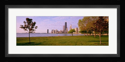 Framed Trees in a park with lake and buildings in the background, Lincoln Park, Lake Michigan, Chicago, Illinois, USA Print