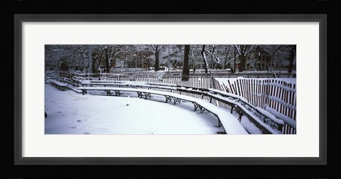 Framed Snowcapped benches in a park, Washington Square Park, New York City Print