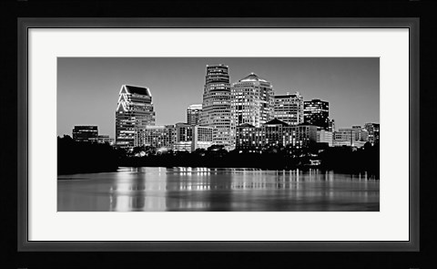 Framed USA, Texas, Austin, Panoramic view of a city skyline (Black And White) Print