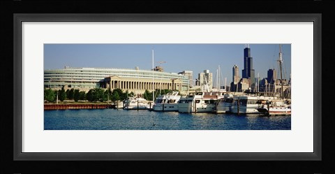 Framed Boats Moored At A Dock, Chicago, Illinois, USA Print