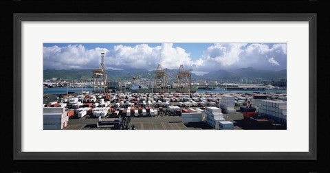 Framed Containers And Cranes At A Harbor, Honolulu Harbor, Hawaii, USA Print