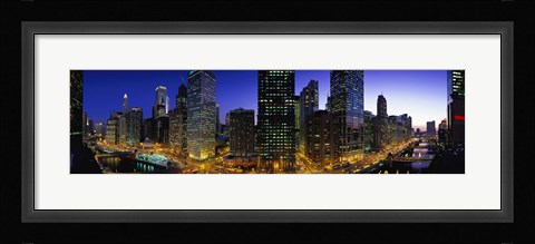Framed River and Buildings Lit Up At Dusk, Chicago, Illinois Print