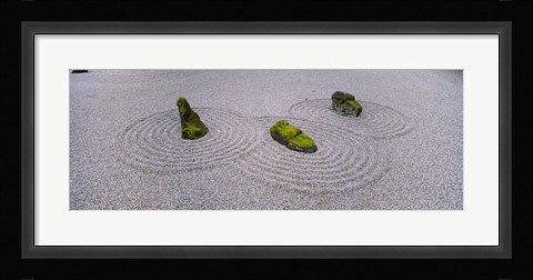Framed High angle view of moss on three stones in a Zen garden, Washington Park, Portland, Oregon, USA Print