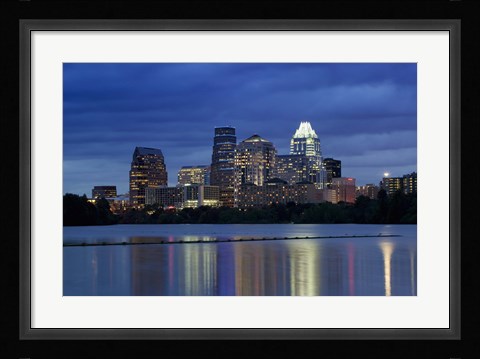 Framed Buildings at the waterfront lit up at dusk, Town Lake, Austin, Texas, USA Print