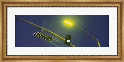 Framed Low angle view of traffic light and a street sign, Silicon Valley, San Francisco, California, USA Print