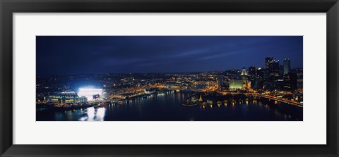 Framed High angle view of buildings lit up at night, Heinz Field, Pittsburgh, Allegheny county, Pennsylvania, USA Print