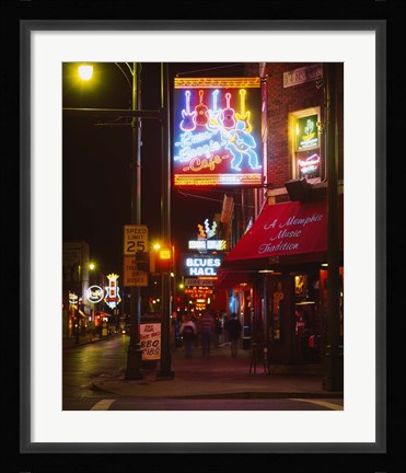 Framed Neon sign lit up at night in a city, Rum Boogie Cafe, Beale Street, Memphis, Shelby County, Tennessee, USA Print