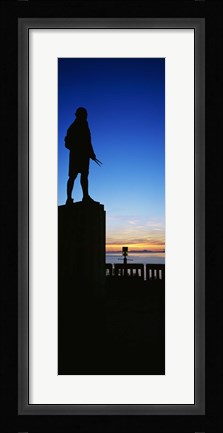 Framed Captain Cook monument silhouetted by sunset, Anchorage, Alaska, USA. Print