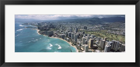 Framed Aerial view of buildings at the waterfront, Waikiki Beach, Honolulu, Oahu, Hawaii, USA Print