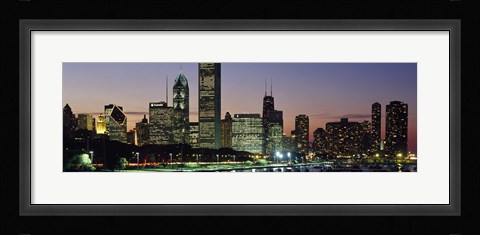 Framed Buildings lit up at dusk, Lake Michigan, Chicago, Cook County, Illinois, USA Print