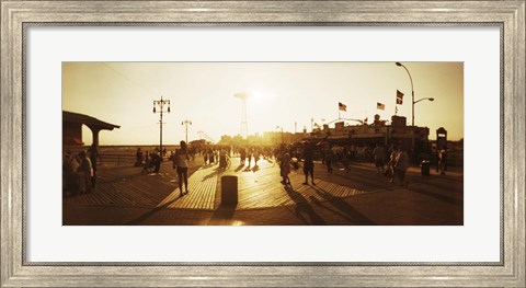 Framed Tourists walking on a boardwalk, Coney Island Boardwalk, Coney Island, Brooklyn, New York City, New York State, USA Print