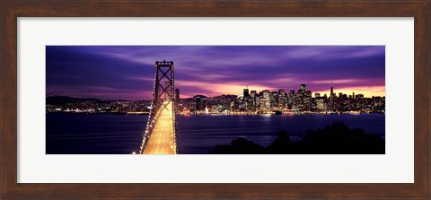 Framed Bridge lit up at dusk, Bay Bridge, San Francisco Bay, San Francisco, California Print