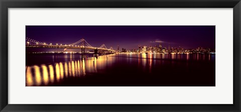 Framed Bridge lit up at night, Bay Bridge, San Francisco Bay, San Francisco, California Print