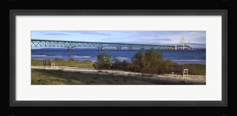 Framed Suspension bridge across a strait, Mackinac Bridge, Mackinaw City, Michigan, USA Print
