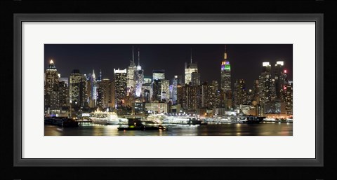 Framed Buildings in a city lit up at night, Hudson River, Midtown Manhattan, Manhattan, New York City, New York State, USA Print
