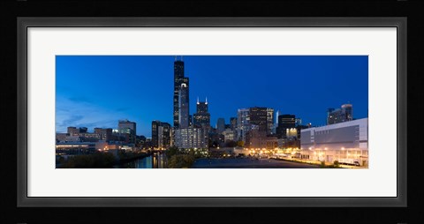 Framed Buildings in a city lit up at dusk, Chicago, Illinois, USA Print