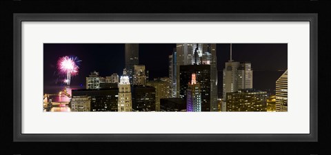 Framed Skyscrapers and firework display in a city at night, Lake Michigan, Chicago, Illinois, USA Print