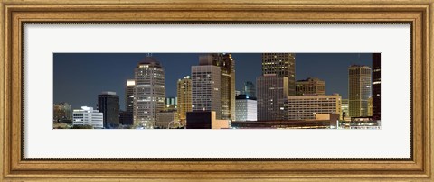 Framed Buildings in a city lit up at night, Detroit River, Detroit, Michigan Print