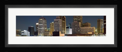 Framed Buildings in a city lit up at night, Detroit River, Detroit, Michigan Print