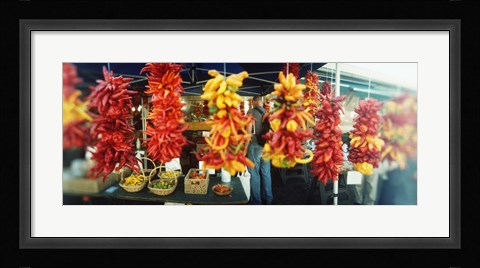 Framed Strands of chili peppers hanging in a market stall, Pike Place Market, Seattle, King County, Washington State, USA Print