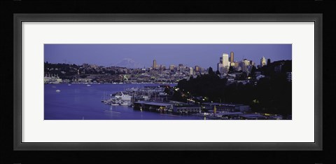 Framed City skyline at the lakeside with Mt Rainier in the background, Lake Union, Seattle, King County, Washington State, USA Print