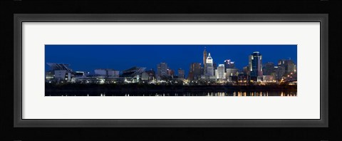 Framed Cincinnati skyline and John A. Roebling Suspension Bridge at twilight from across the Ohio River, Hamilton County, Ohio, USA Print